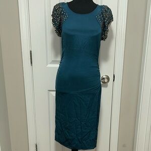 Diane Von Furstenberg Teal Midi Dress with Embellished Sleeves